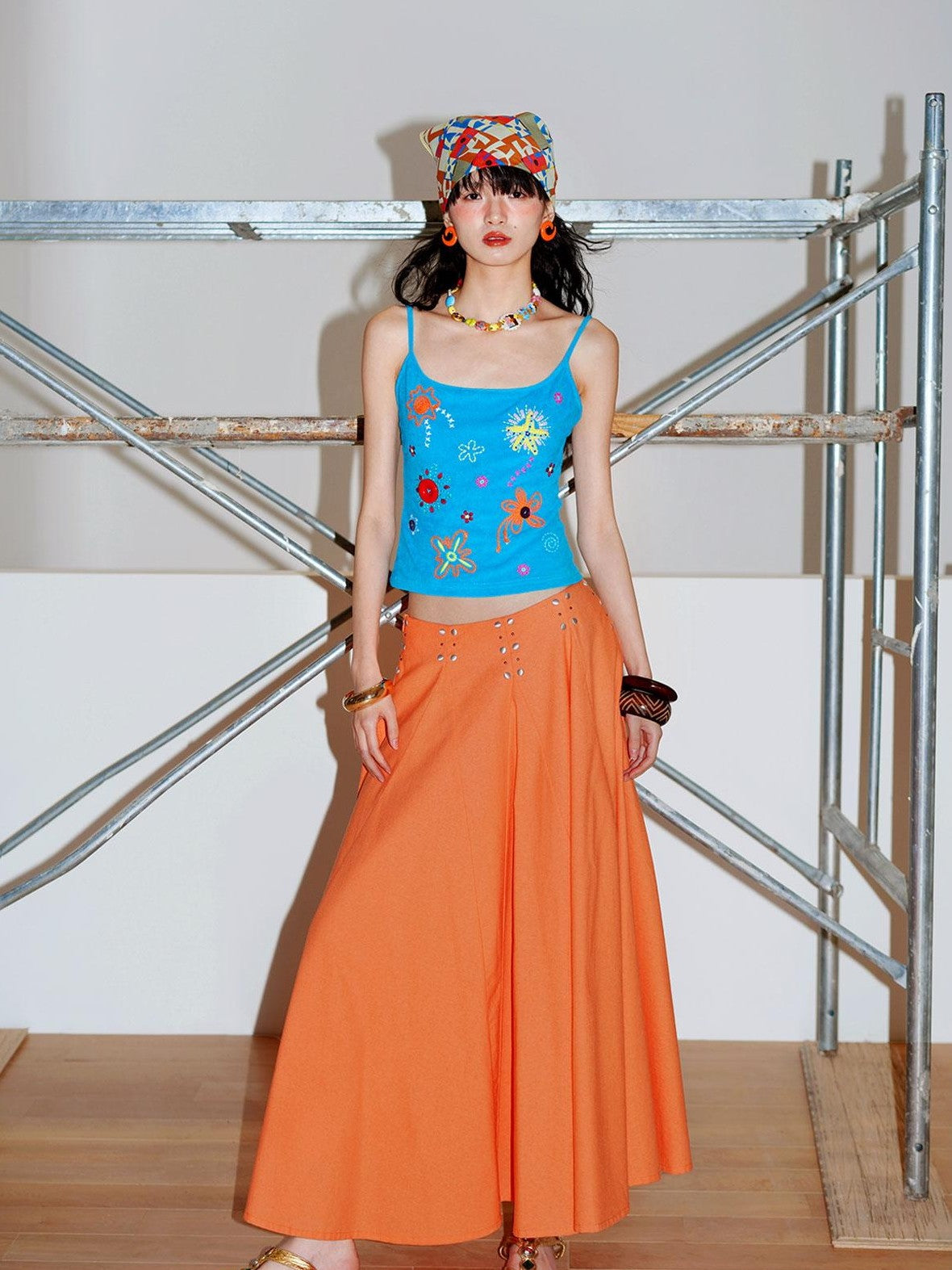 badtaste Klein Blue Rhinestone Long Loose Flared Low Waist Women's A-line Skirts