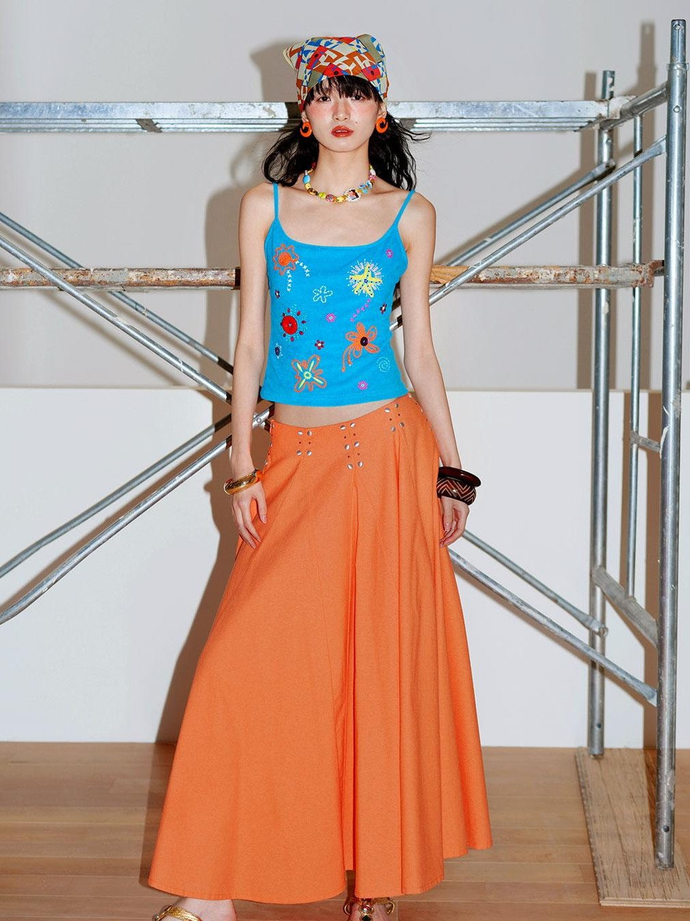 badtaste Klein Blue Rhinestone Long Loose Flared Low Waist Women's A-line Skirts