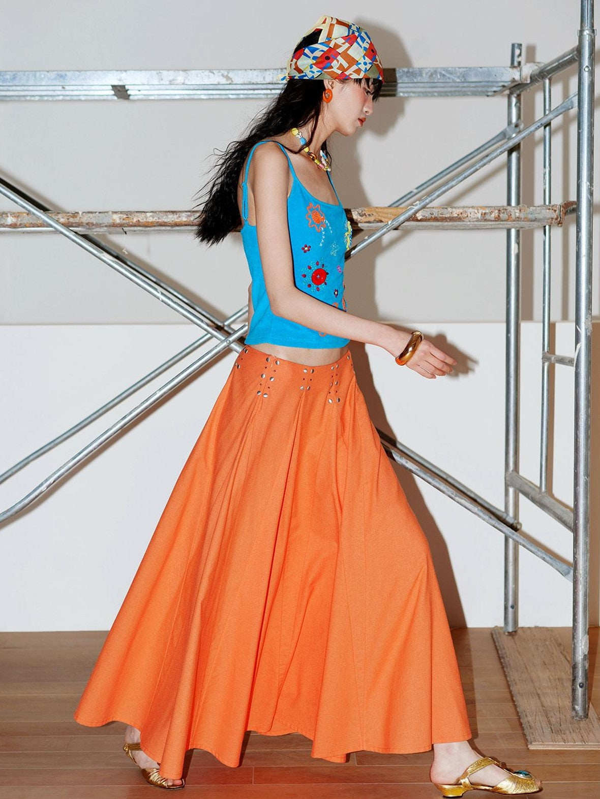 badtaste Klein Blue Rhinestone Long Loose Flared Low Waist Women's A-line Skirts