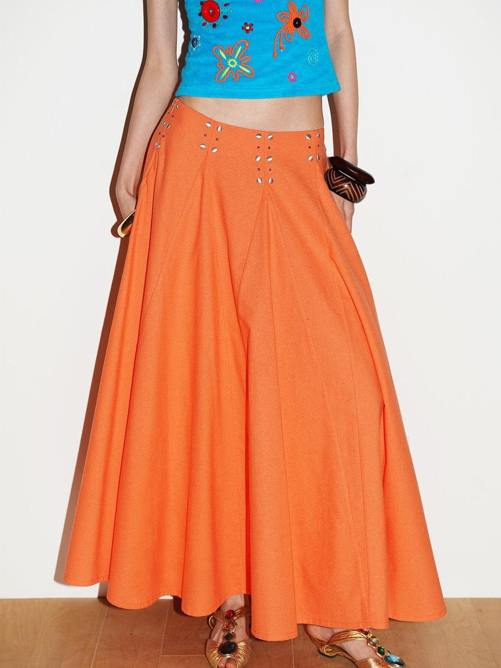 badtaste Klein Blue Rhinestone Long Loose Flared Low Waist Women's A-line Skirts