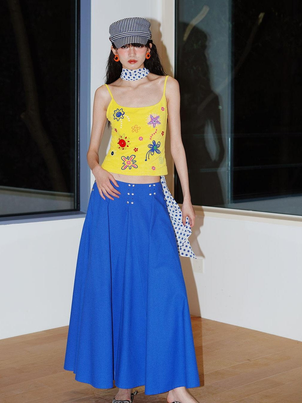 badtaste Klein Blue Rhinestone Long Loose Flared Low Waist Women's A-line Skirts