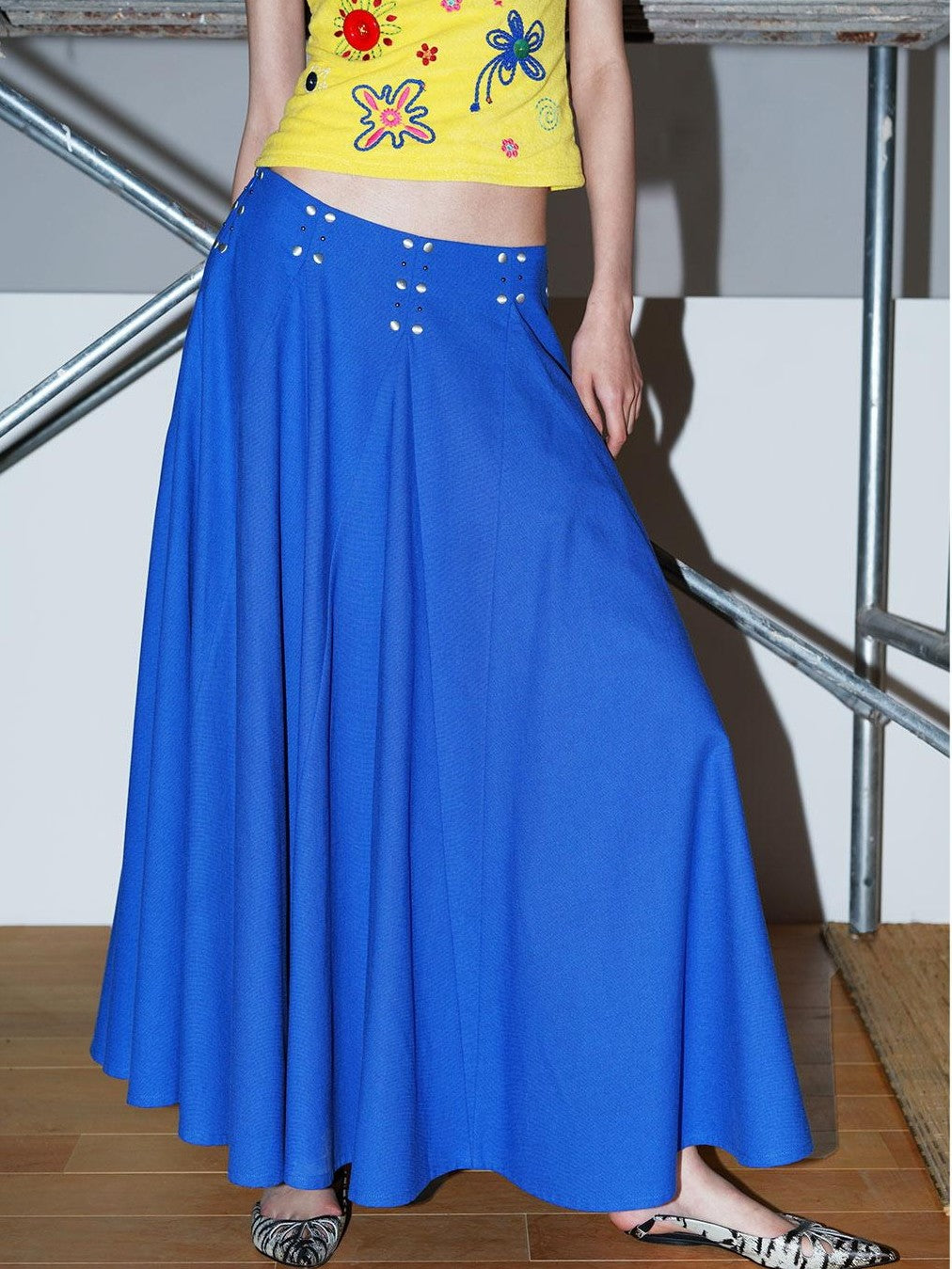 badtaste Klein Blue Rhinestone Long Loose Flared Low Waist Women's A-line Skirts