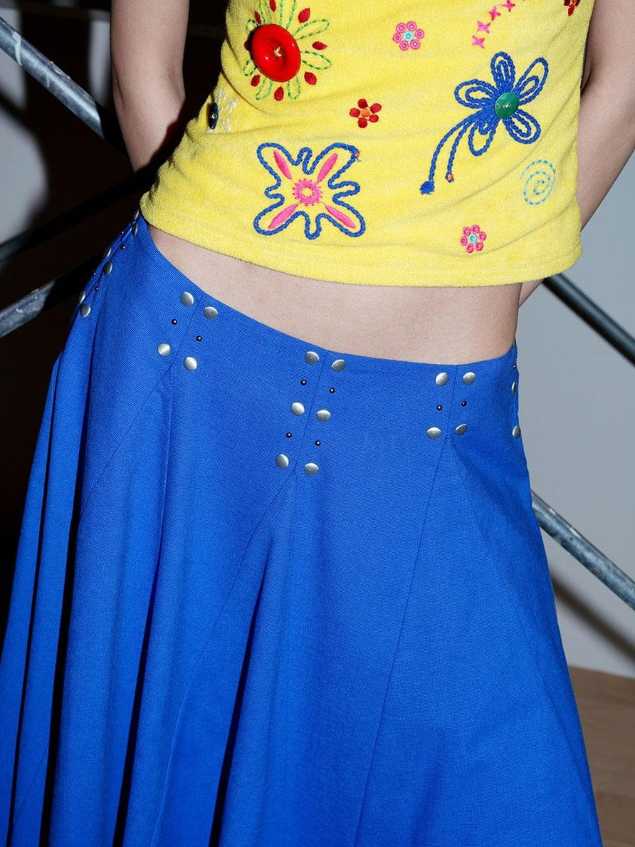 badtaste Klein Blue Rhinestone Long Loose Flared Low Waist Women's A-line Skirts