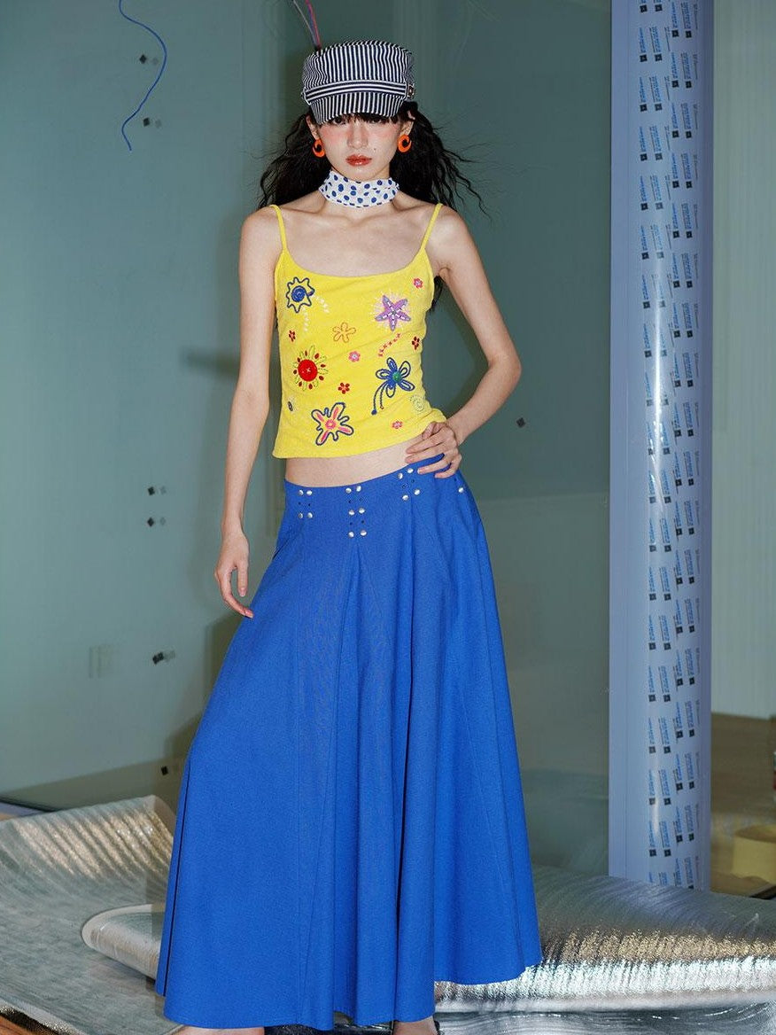 badtaste Klein Blue Rhinestone Long Loose Flared Low Waist Women's A-line Skirts