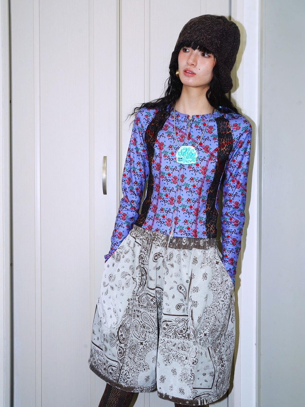 badtaste Leopard Print Floral Patchwork Slim Women's Fleece Long Sleeve T-shirts