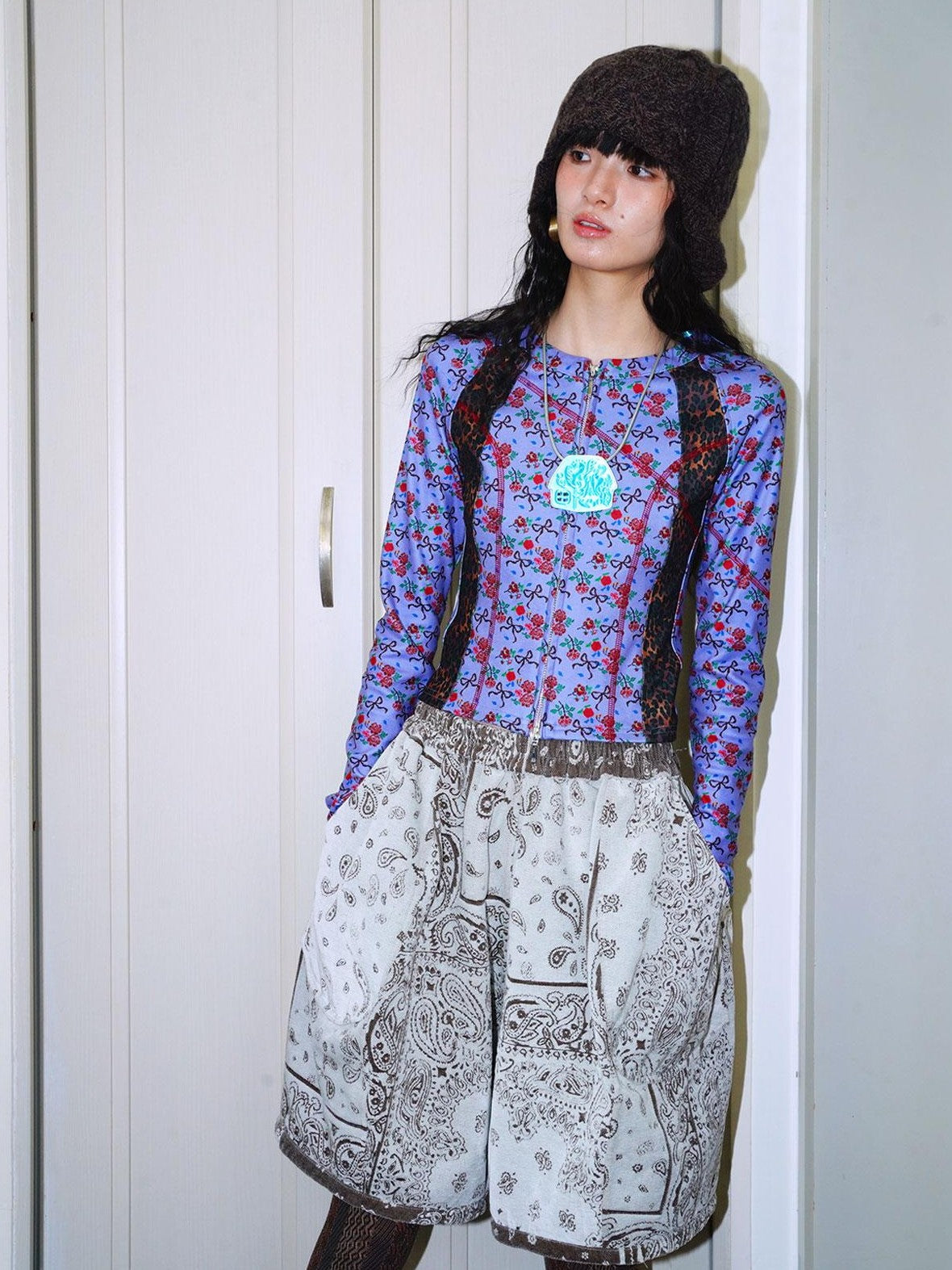 badtaste Leopard Print Floral Patchwork Slim Women's Fleece Long Sleeve T-shirts