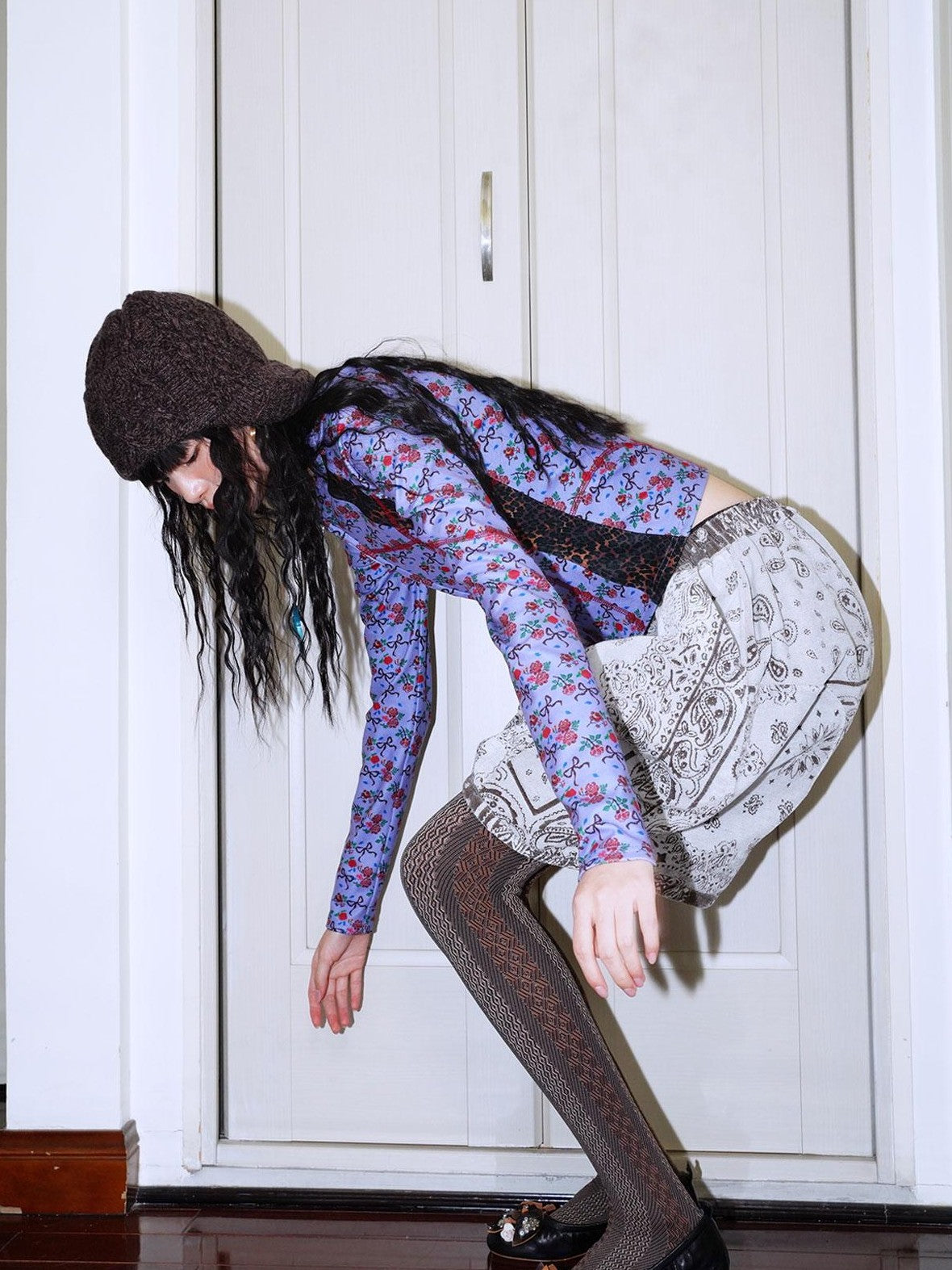 badtaste Leopard Print Floral Patchwork Slim Women's Fleece Long Sleeve T-shirts
