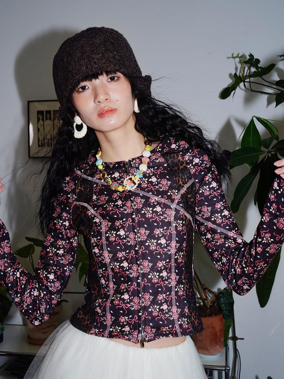 badtaste Leopard Print Floral Patchwork Slim Women's Fleece Long Sleeve T-shirts
