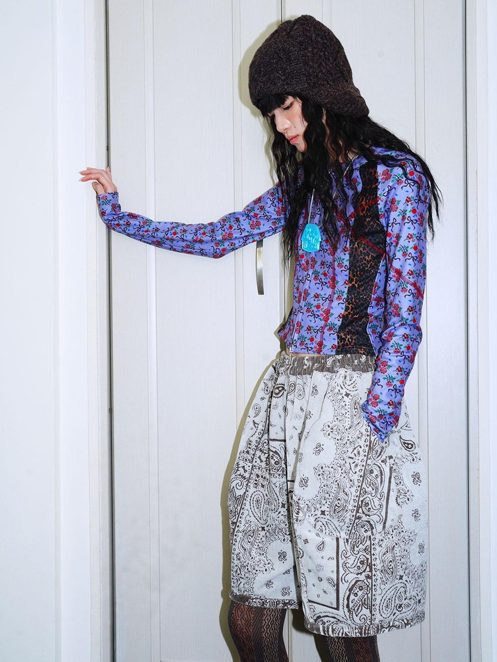 badtaste Leopard Print Floral Patchwork Slim Women's Fleece Long Sleeve T-shirts