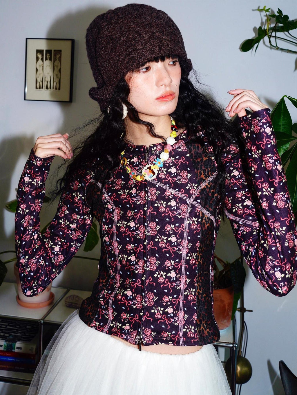 badtaste Leopard Print Floral Patchwork Slim Women's Fleece Long Sleeve T-shirts