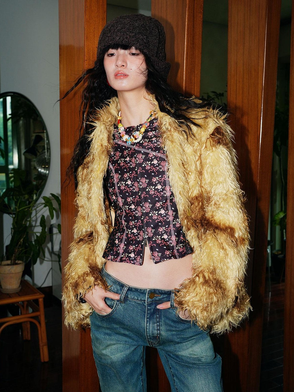 badtaste Leopard Print Floral Patchwork Slim Women's Fleece Long Sleeve T-shirts