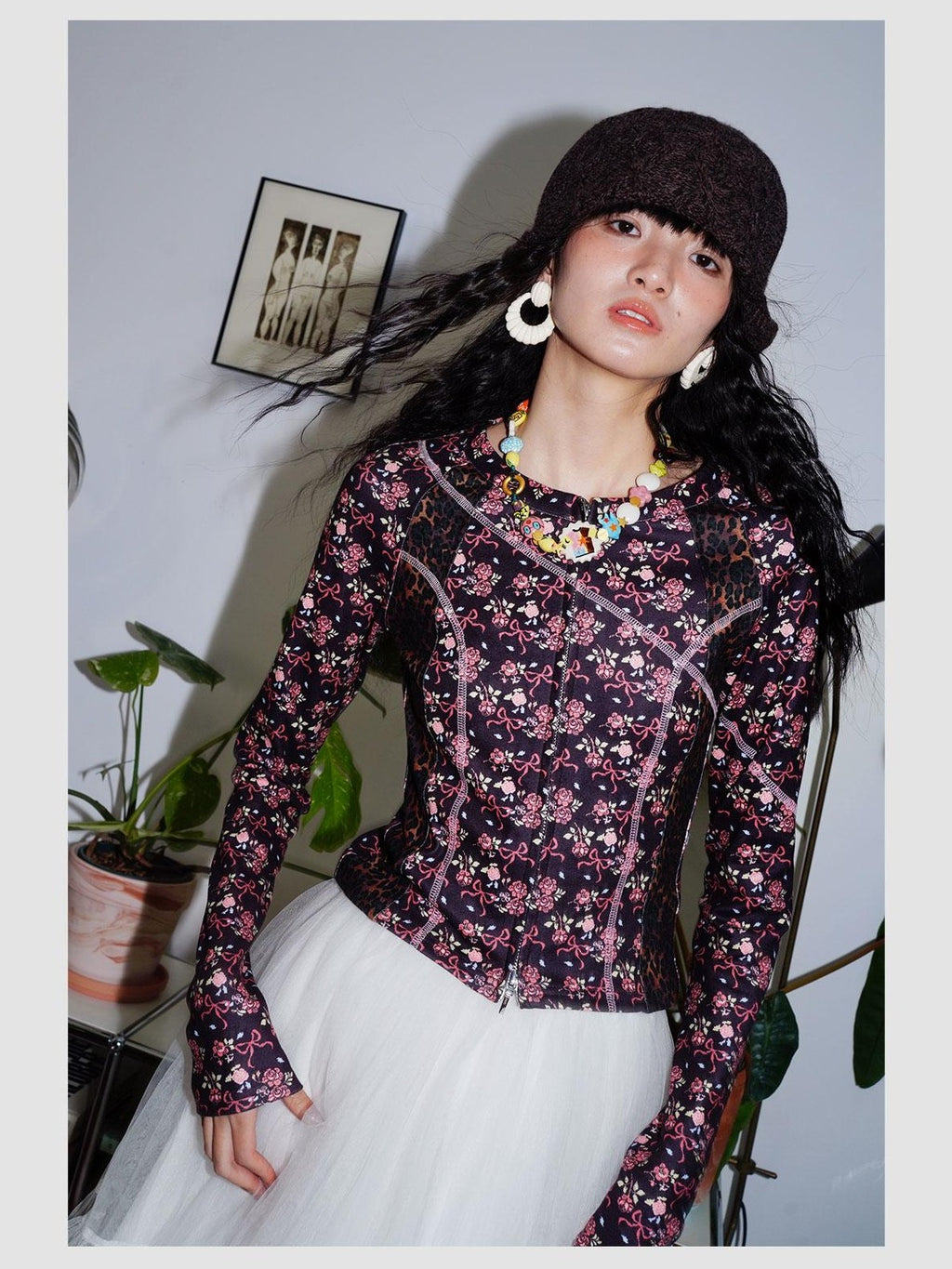 badtaste Leopard Print Floral Patchwork Slim Women's Fleece Long Sleeve T-shirts