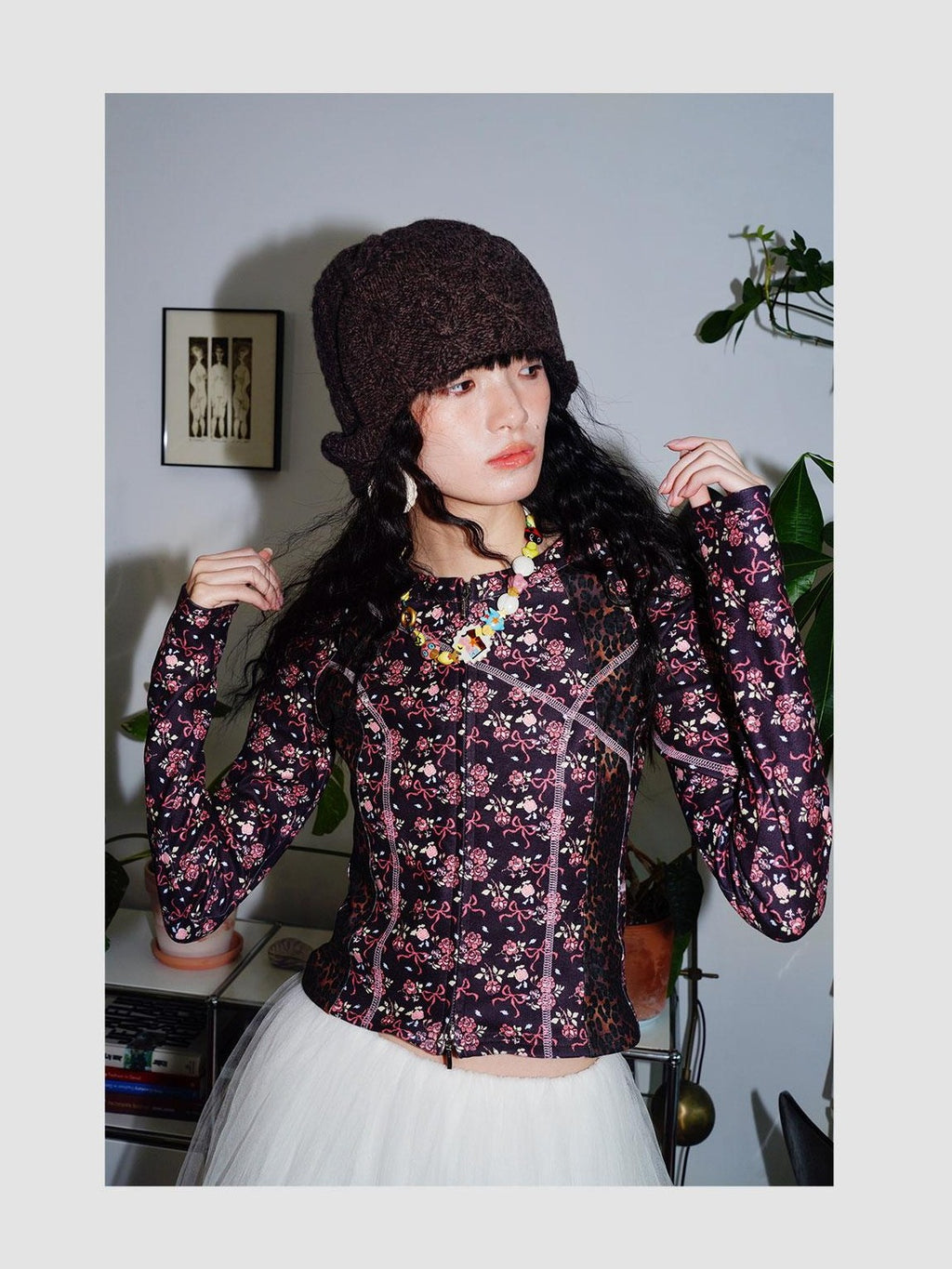 badtaste Leopard Print Floral Patchwork Slim Women's Fleece Long Sleeve T-shirts