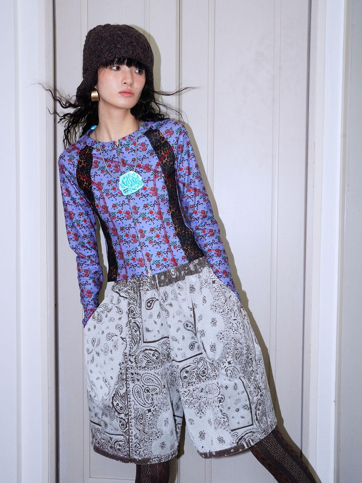 badtaste Leopard Print Floral Patchwork Slim Women's Fleece Long Sleeve T-shirts