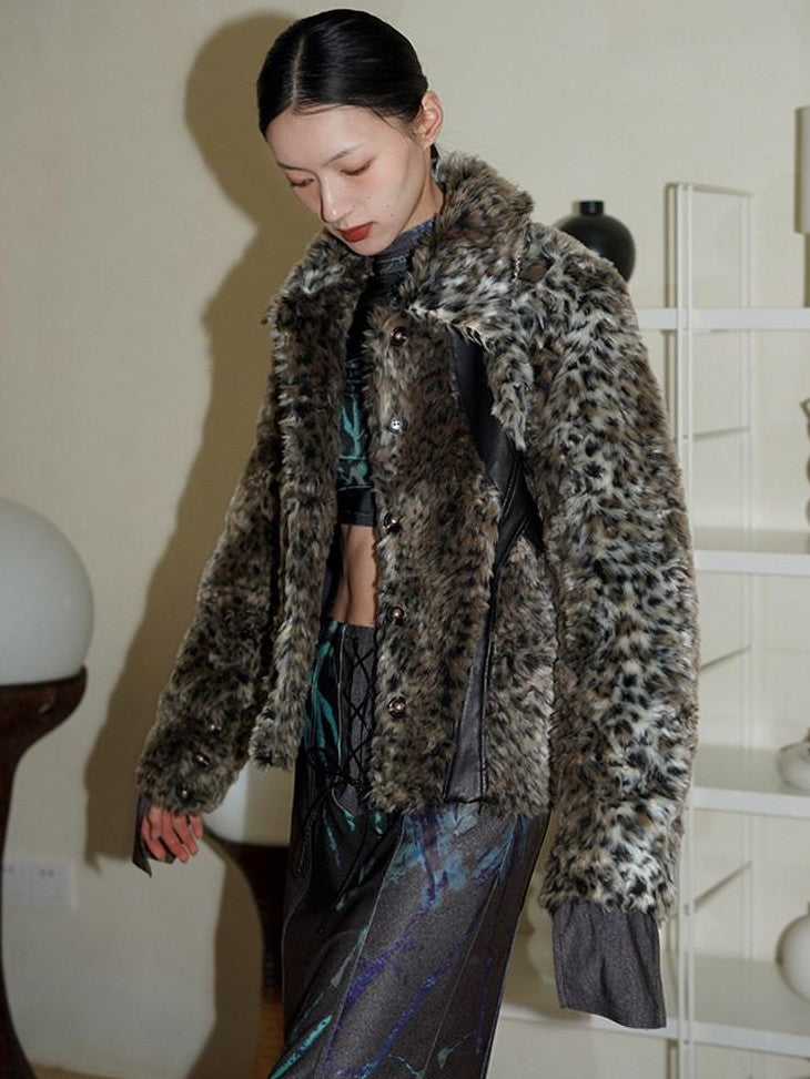 badtaste Leopard Print Short Loose Long Sleeve Thick Women's Faux Fur Coats