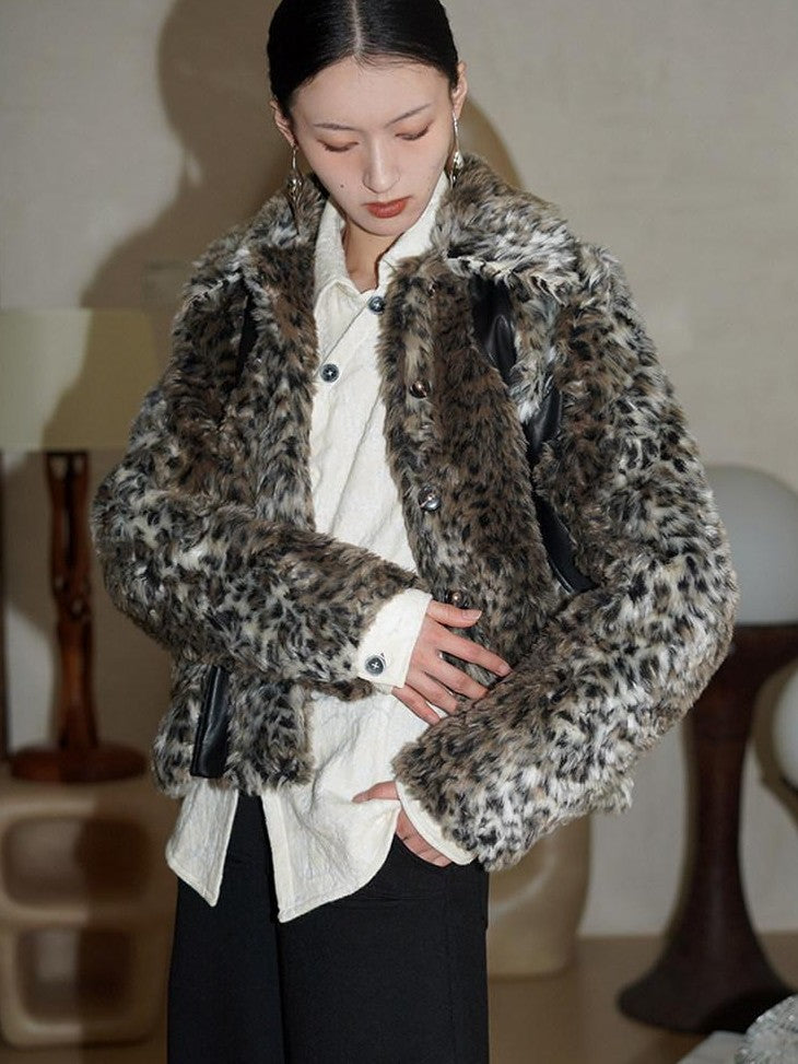 badtaste Leopard Print Short Loose Long Sleeve Thick Women's Faux Fur Coats