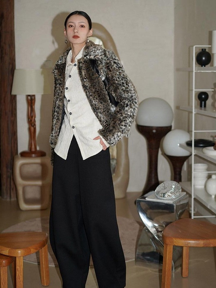 badtaste Leopard Print Short Loose Long Sleeve Thick Women's Faux Fur Coats