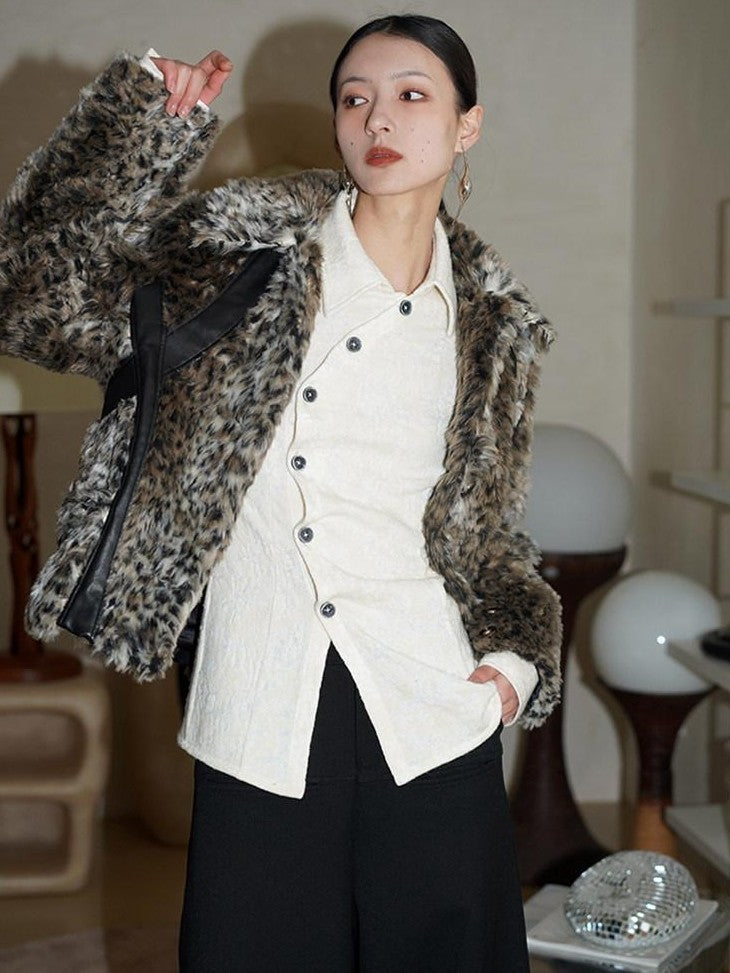 badtaste Leopard Print Short Loose Long Sleeve Thick Women's Faux Fur Coats