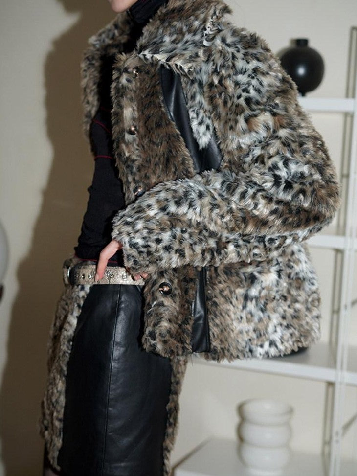 badtaste Leopard Print Short Loose Long Sleeve Thick Women's Faux Fur Coats