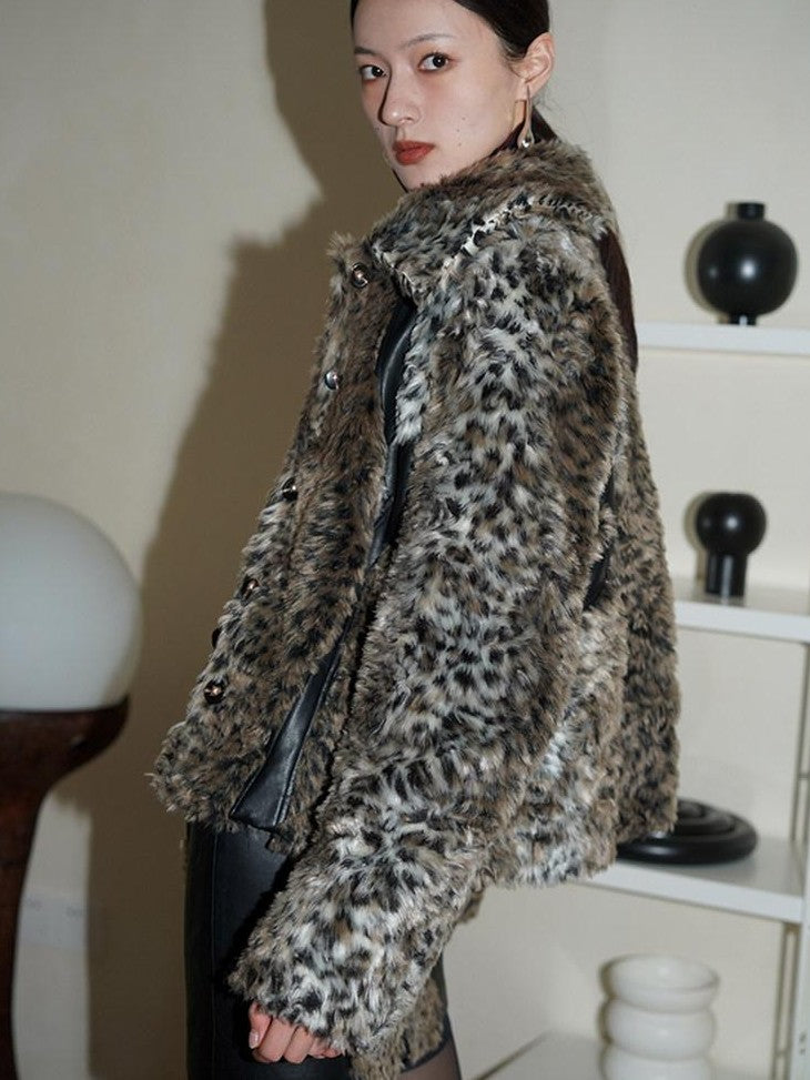 badtaste Leopard Print Short Loose Long Sleeve Thick Women's Faux Fur Coats