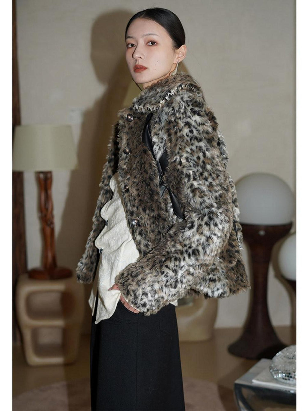 badtaste Leopard Print Short Loose Long Sleeve Thick Women's Faux Fur Coats