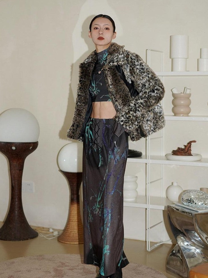 badtaste Leopard Print Short Loose Long Sleeve Thick Women's Faux Fur Coats