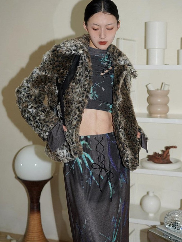 badtaste Leopard Print Short Loose Long Sleeve Thick Women's Faux Fur Coats