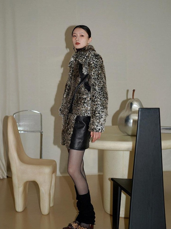 badtaste Leopard Print Short Loose Long Sleeve Thick Women's Faux Fur Coats