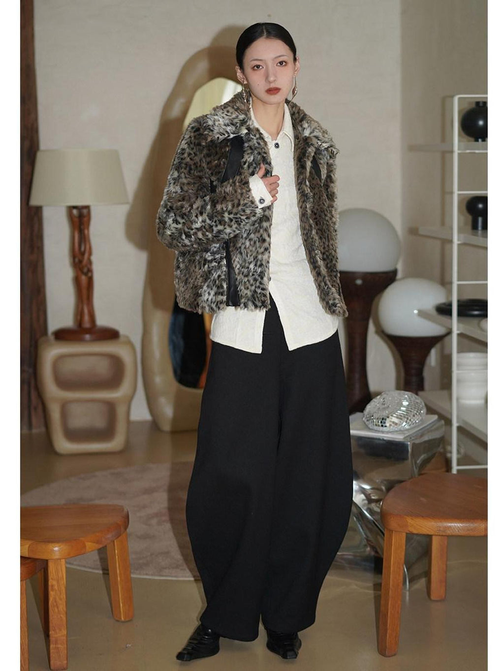 badtaste Leopard Print Short Loose Long Sleeve Thick Women's Faux Fur Coats