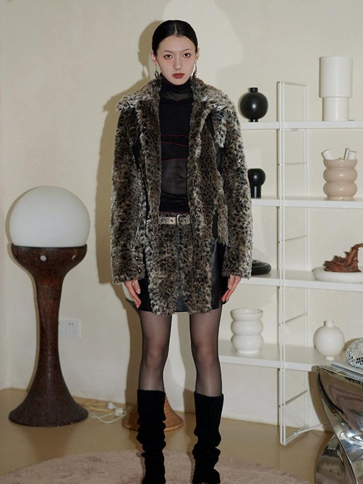 badtaste Leopard Print Short Loose Long Sleeve Thick Women's Faux Fur Coats