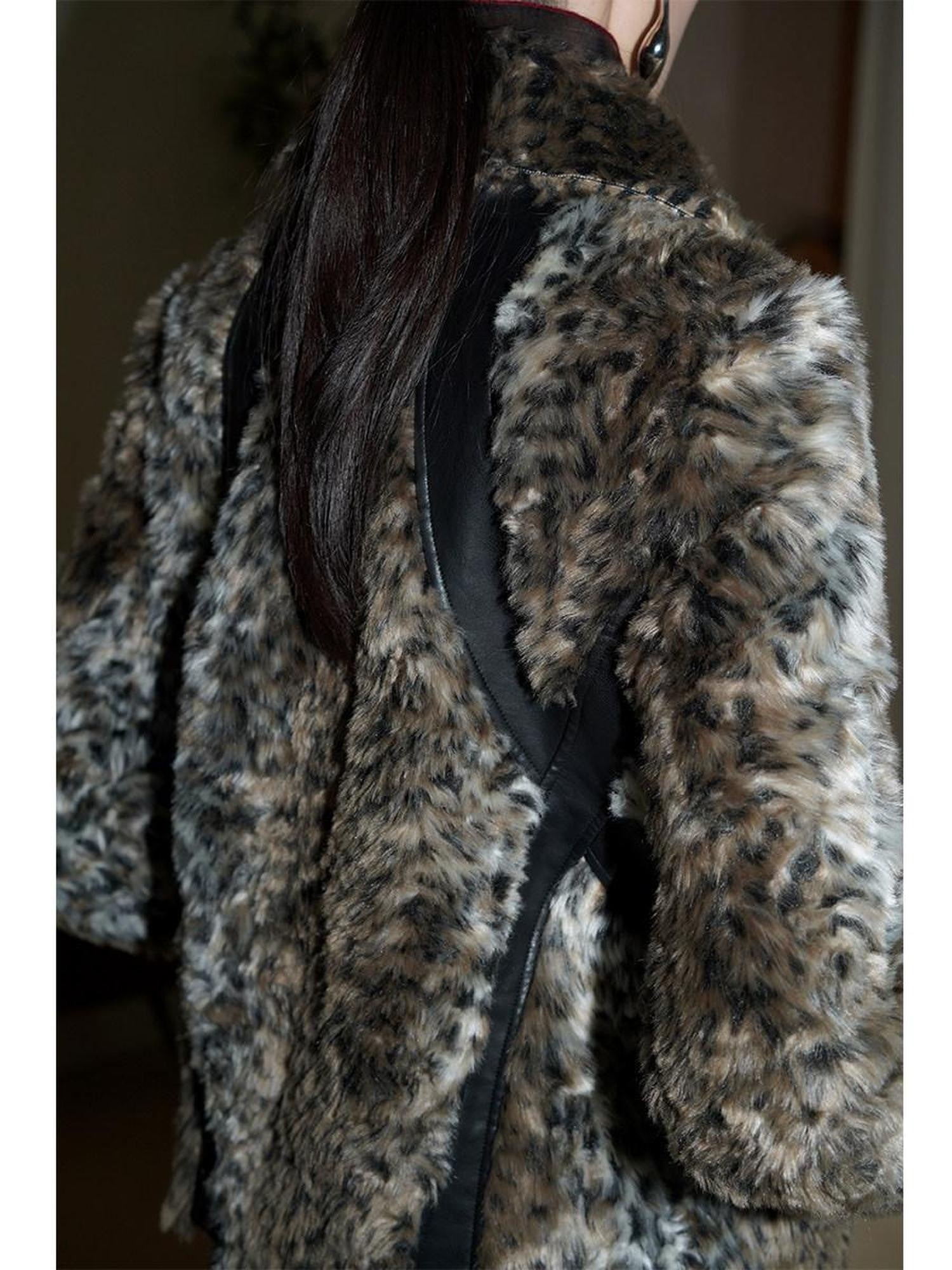 badtaste Leopard Print Short Loose Long Sleeve Thick Women's Faux Fur Coats