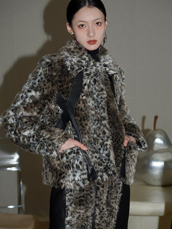 badtaste Leopard Print Short Loose Long Sleeve Thick Women's Faux Fur Coats