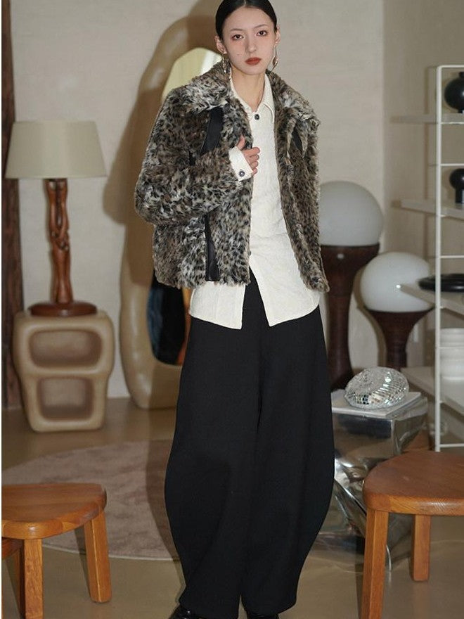 badtaste Leopard Print Short Loose Long Sleeve Thick Women's Faux Fur Coats