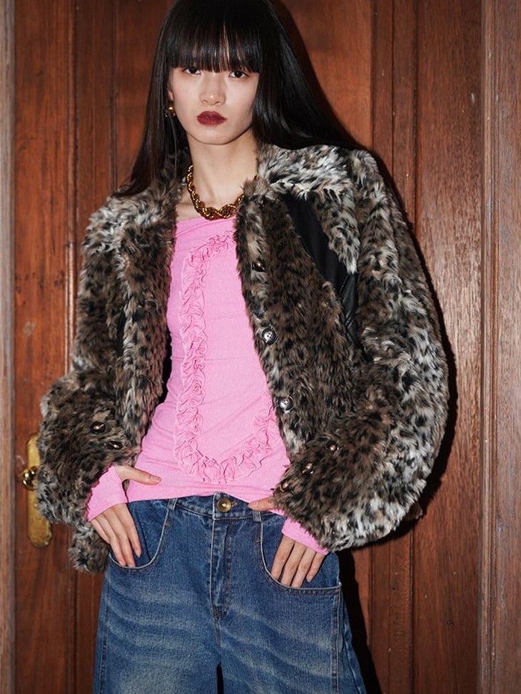badtaste Leopard Print Short Loose Vintage Western Women's Faux Fur Coats