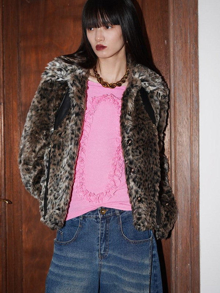 badtaste Leopard Print Short Loose Vintage Western Women's Faux Fur Coats