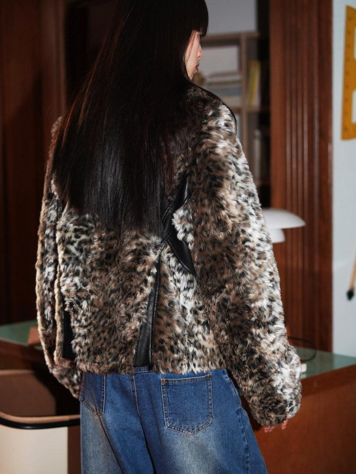 badtaste Leopard Print Short Loose Vintage Western Women's Faux Fur Coats