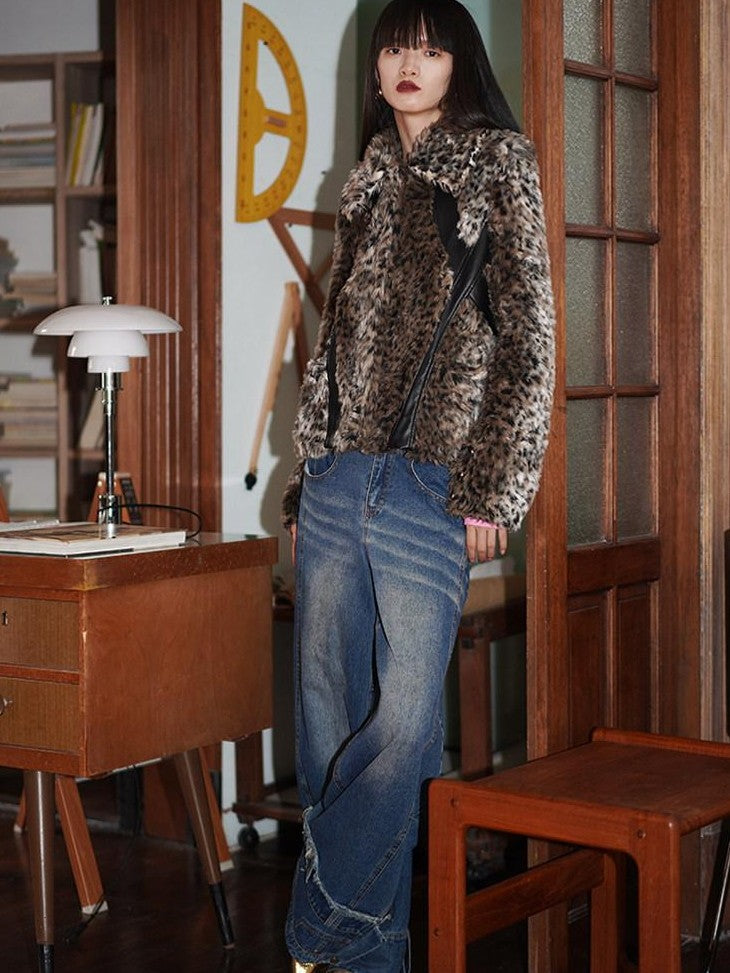 badtaste Leopard Print Short Loose Vintage Western Women's Faux Fur Coats