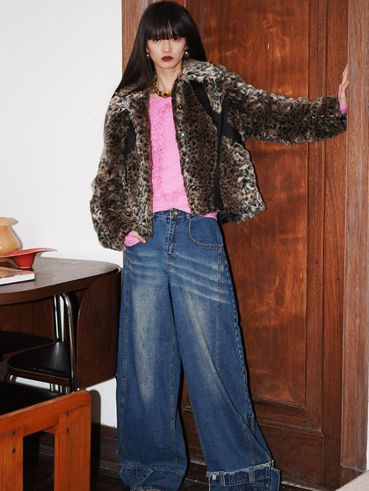 badtaste Leopard Print Short Loose Vintage Western Women's Faux Fur Coats