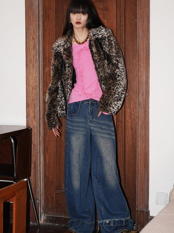 badtaste Leopard Print Short Loose Vintage Western Women's Faux Fur Coats