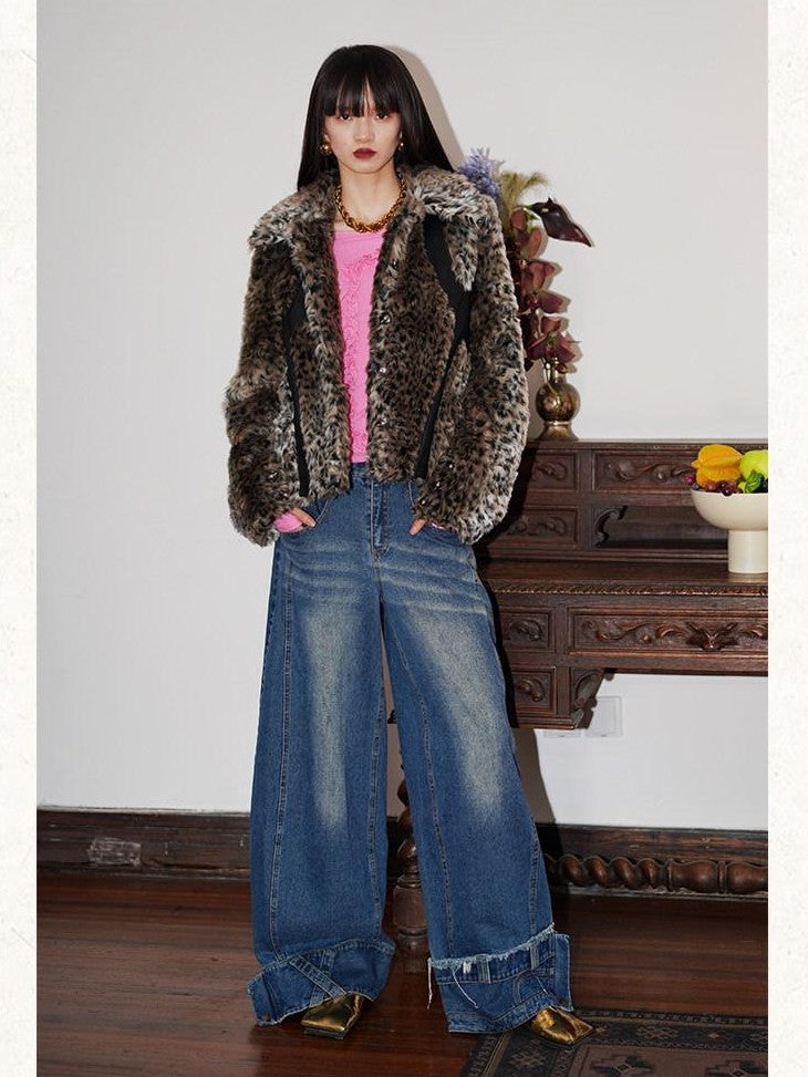badtaste Leopard Print Short Loose Vintage Western Women's Faux Fur Coats