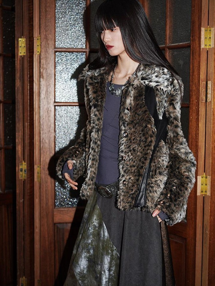 badtaste Leopard Print Short Loose Vintage Western Women's Faux Fur Coats