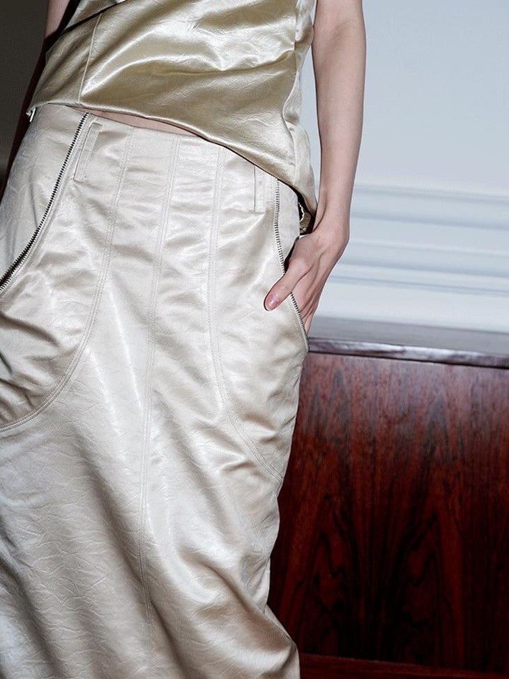 badtaste Light Gold Metallic Texture Fishtail Mid Waist Slim Retro Women's Midi Skirts