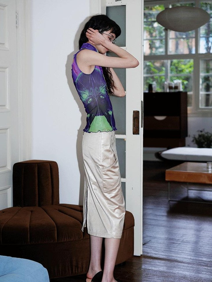 badtaste Light Gold Metallic Texture Fishtail Mid Waist Slim Retro Women's Midi Skirts