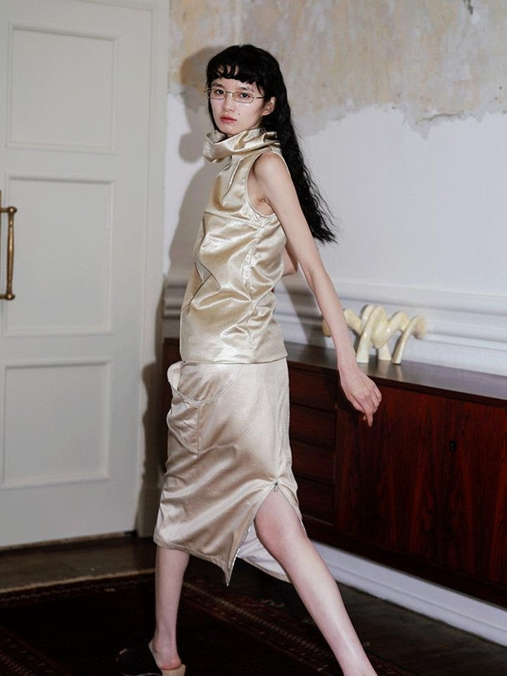 badtaste Light Gold Metallic Texture Fishtail Mid Waist Slim Retro Women's Midi Skirts