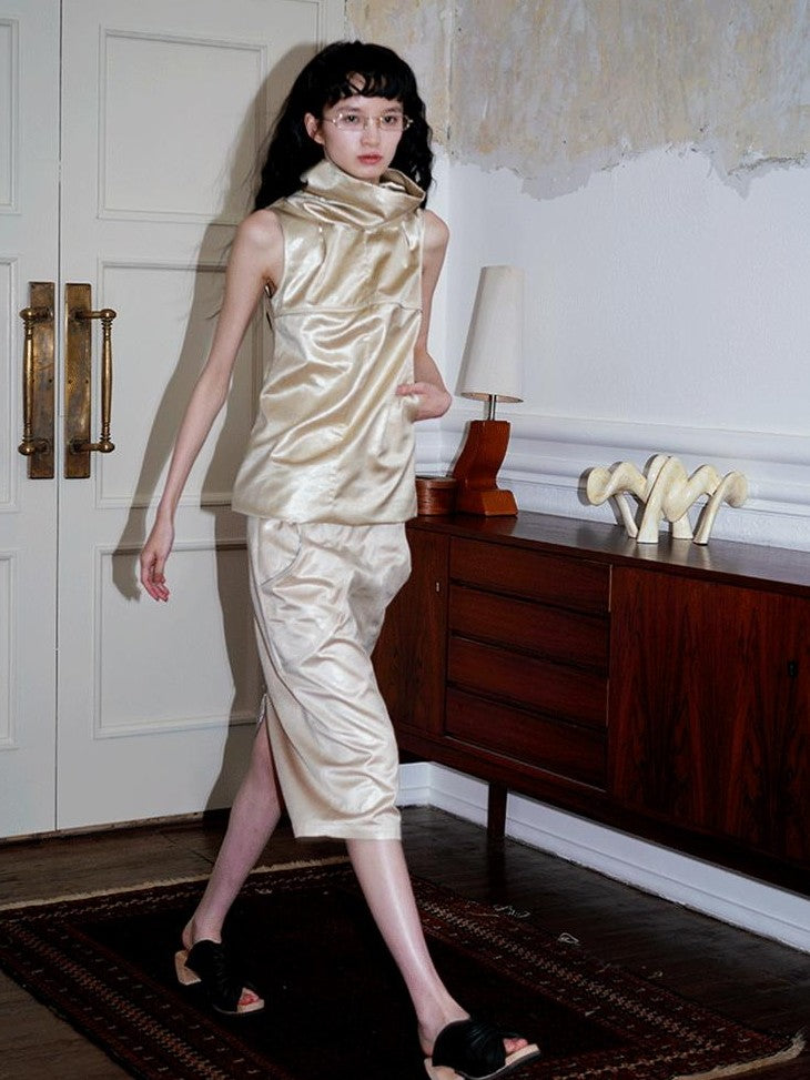badtaste Light Gold Metallic Texture Fishtail Mid Waist Slim Retro Women's Midi Skirts
