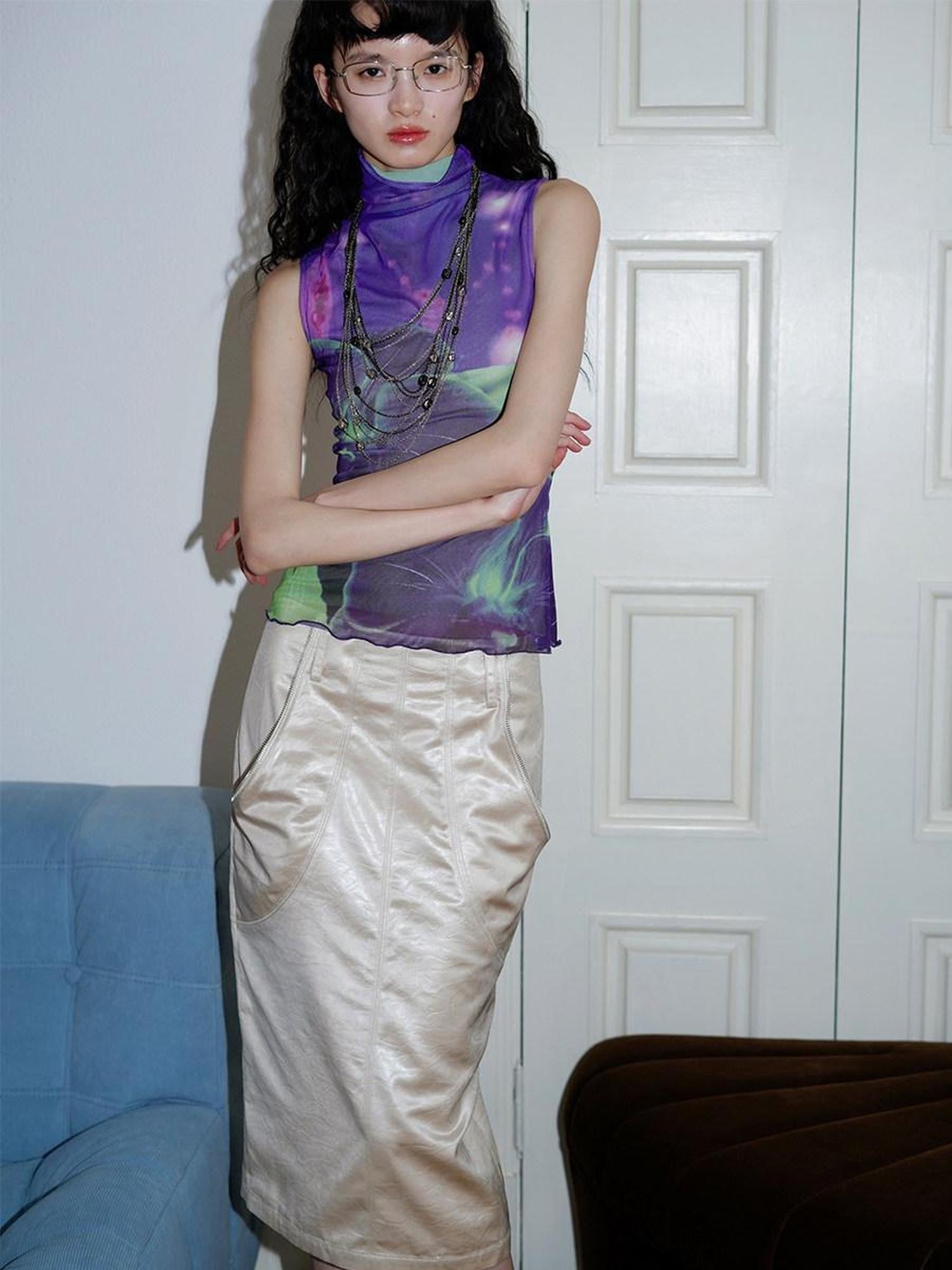 badtaste Light Gold Metallic Texture Fishtail Mid Waist Slim Retro Women's Midi Skirts