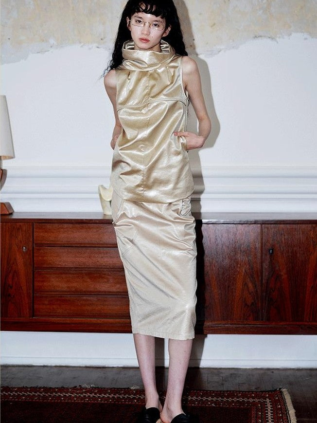 badtaste Light Gold Metallic Texture Fishtail Mid Waist Slim Retro Women's Midi Skirts