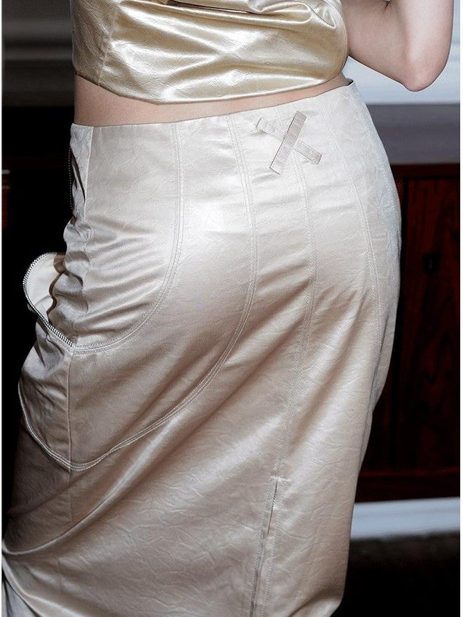 badtaste Light Gold Metallic Texture Fishtail Mid Waist Slim Retro Women's Midi Skirts