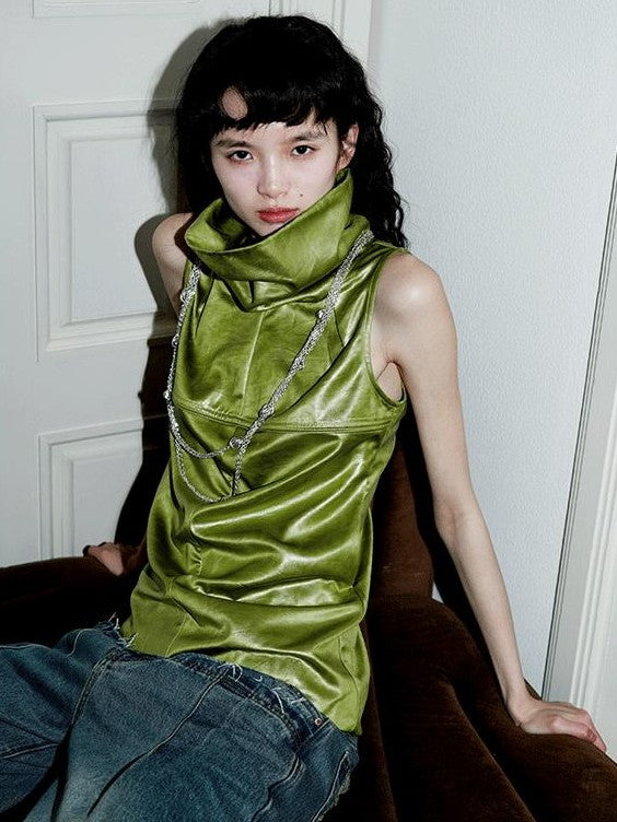 badtaste Light Reflective Pleated High Neck Floral Women's Slim Textured Tank Tops