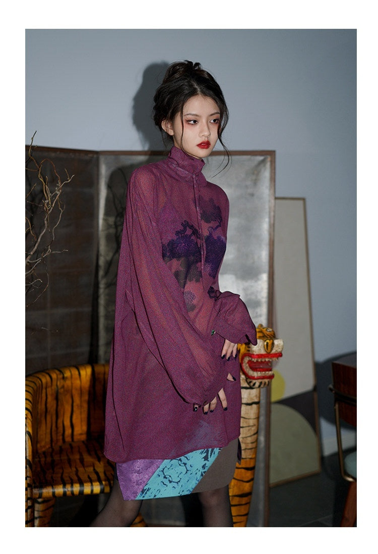 badtaste_Lilac_Chinese_Print_Tie_Convertible_Loose_Women's_Chiffon_Sheer_Shirts_681212962426_MISSTT